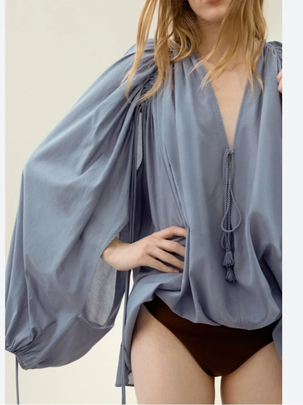 H&M NWT!! Light Blue Lightweight Tie-Front Peasant Oversized Loose Fit Blouse ML - Picture 5 of 16